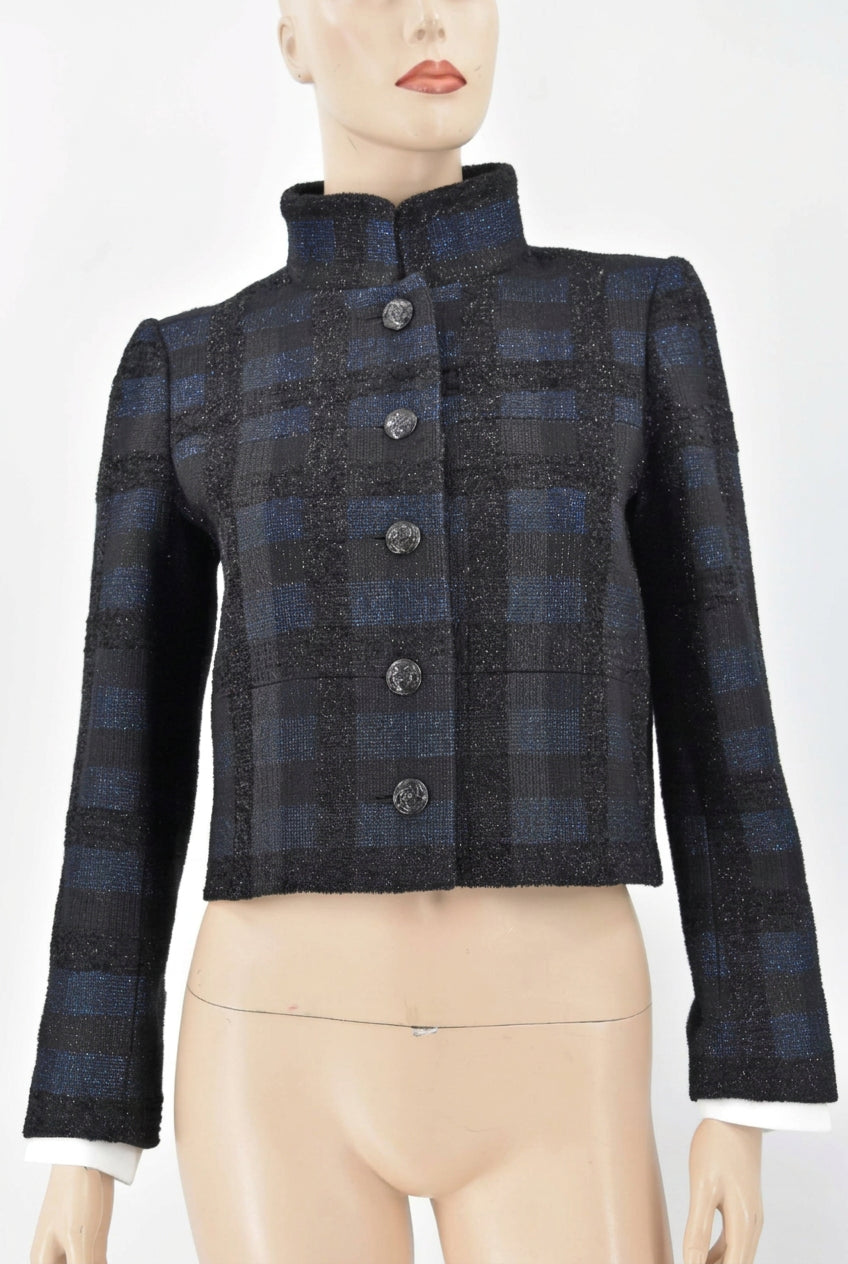 Chanel 15A New 2015 Tweed Cropped Runway Jacket Coat 38 Cc Logo Blk Blue Rare