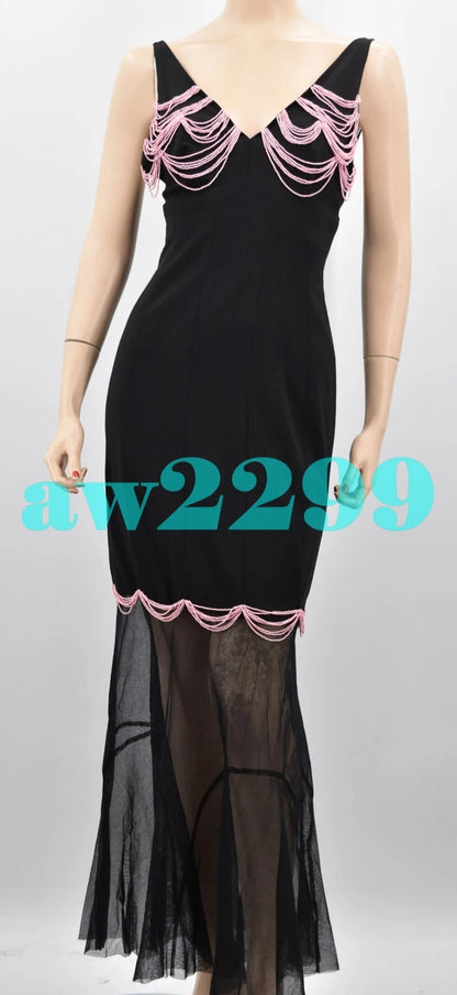 chanel 03P NWT $8,980 ICONIC MOST WANTED BEADED RUNWAY MAXI DRESS BLACK 36 38