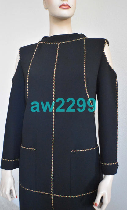 CHANEL $4800 2014 Runway Embellished Cold Shoulder Dress CC Logo Black FR 36 NWT
