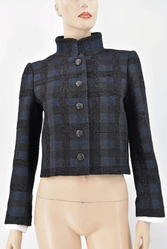 Chanel 15A New 2015 Tweed Cropped Runway Jacket Coat 38 Cc Logo Blk Blue Rare