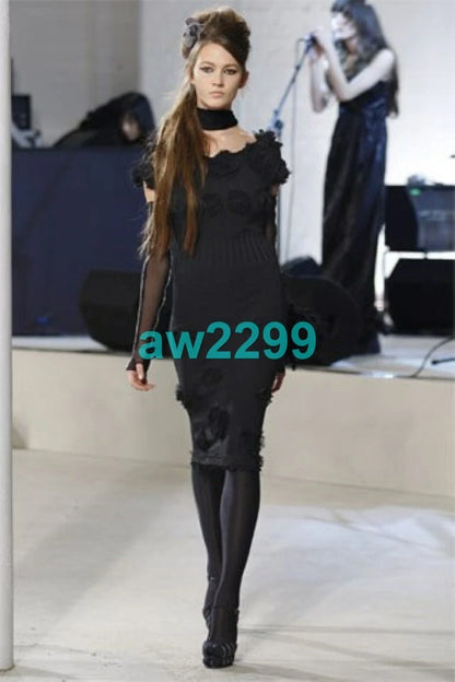 CHANEL 2008 MOST WANTED KNIT MIDI DRESS CC LOGO & CAMELLIA APPLIQUE 38 BLACK