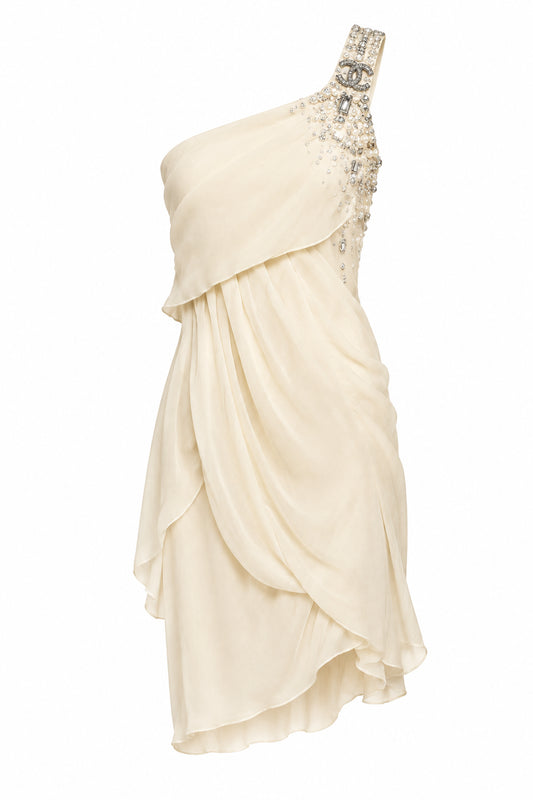 CHANEL $6780 NEW MOST WANTED 2009 CRYSTAL EMBELLISHED DRESS CREST LOGO 38 BEIGE