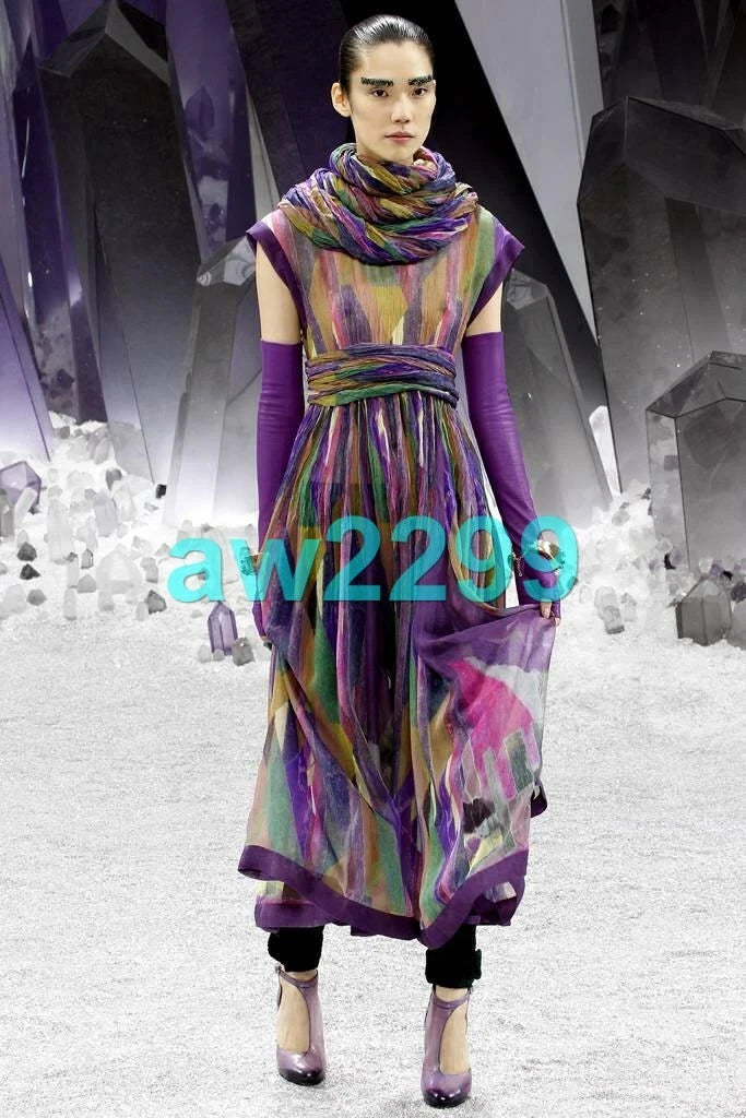 CHANEL 2012 MOST WANTED RUNWAY 2 PC MAXI DRESS WITH SCARF CC LOGO MULTI NEW 38