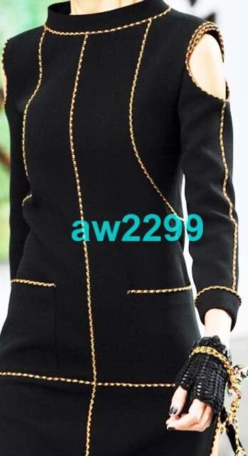 CHANEL $4800 2014 Runway Embellished Cold Shoulder Dress CC Logo Black FR 36 NWT
