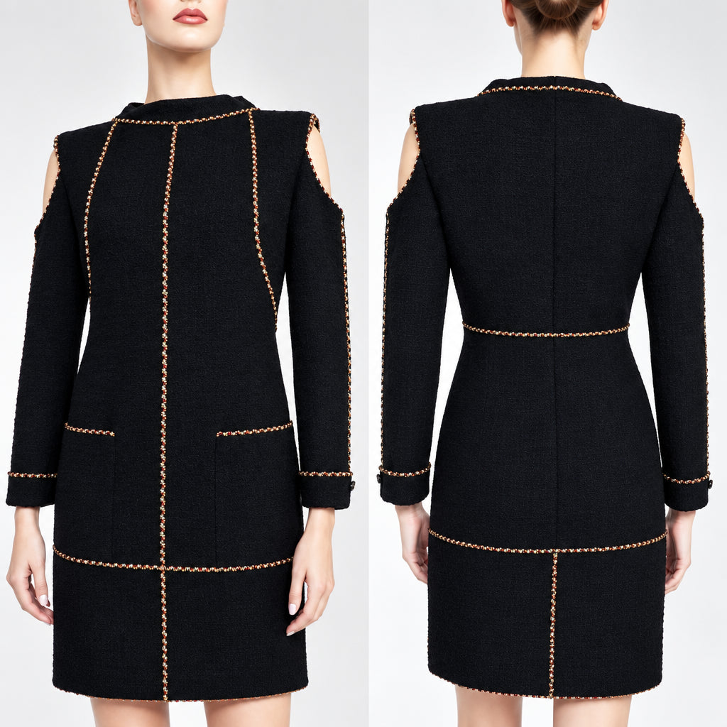 CHANEL $4800 2014 Runway Embellished Cold Shoulder Dress CC Logo Black FR 36 NWT
