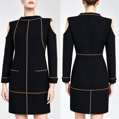 CHANEL $4800 2014 Runway Embellished Cold Shoulder Dress CC Logo Black FR 36 NWT
