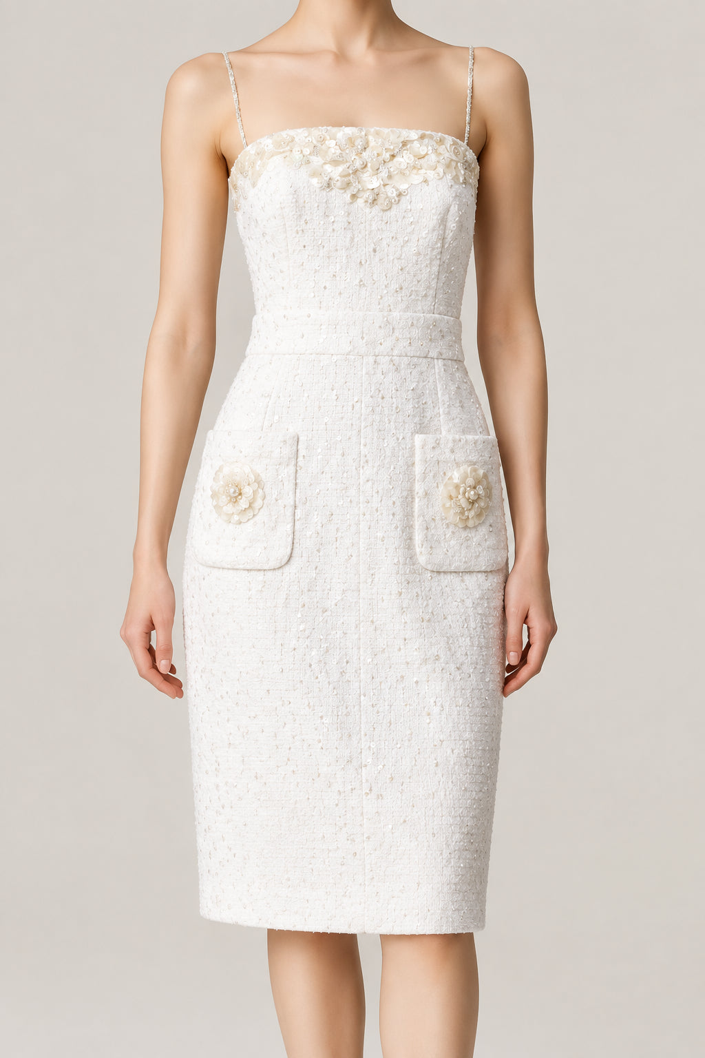 CHANEL Embellished Sleeveless Runway Dress Ivory 38 Cc Logo