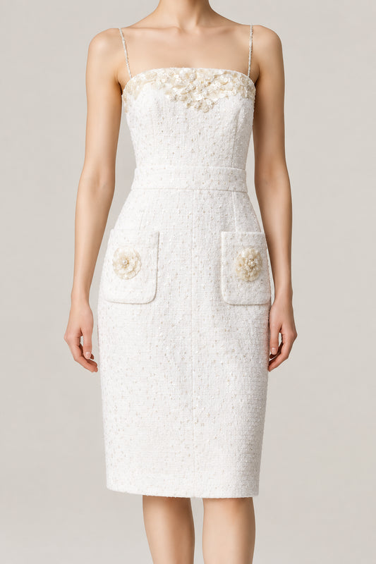 CHANEL Embellished Sleeveless Runway Dress Ivory 38 Cc Logo