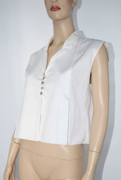 CHANEL 99p Vintage Nwt Crop Top Blouse Fr 38 White New & Fabric Swatch