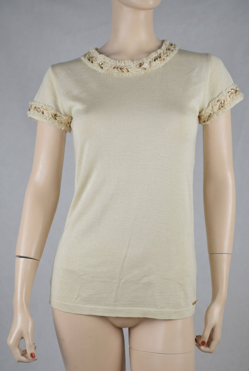 Chanel CC Logo Braided Trim Tan Blouse 36 Small