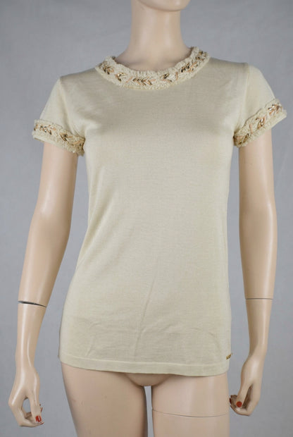 Chanel CC Logo Braided Trim Tan Blouse 36 Small