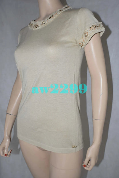 Chanel CC Logo Braided Trim Tan Blouse 36 Small