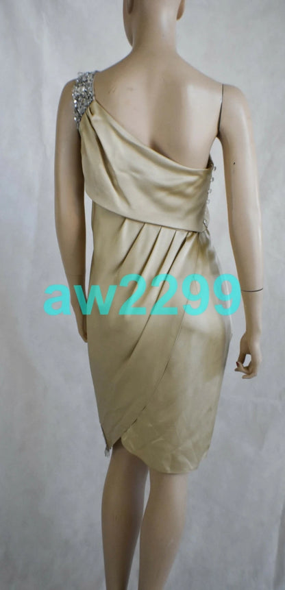 CHANEL $6780 NEW MOST WANTED 2009 CRYSTAL EMBELLISHED DRESS CREST LOGO 38 BEIGE