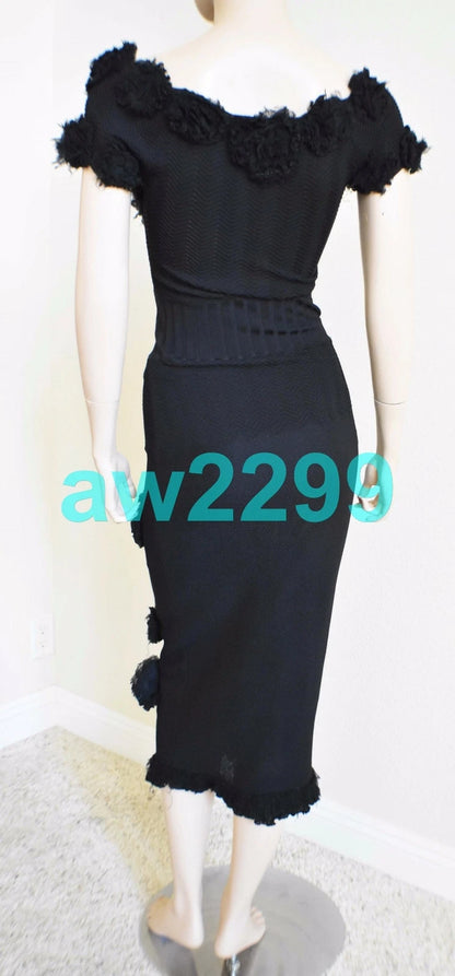 CHANEL 2008 MOST WANTED KNIT MIDI DRESS CC LOGO & CAMELLIA APPLIQUE 38 BLACK