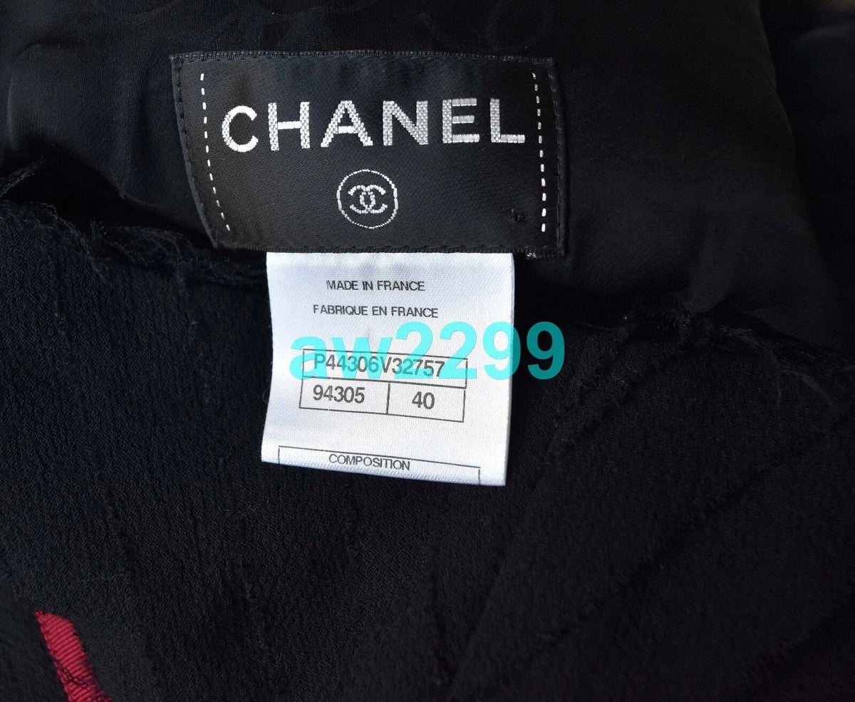 CHANEL 12A $8.4K Most Wanted Fringed Wool/Tulle Dress Red Belt Camellia 40 Mint