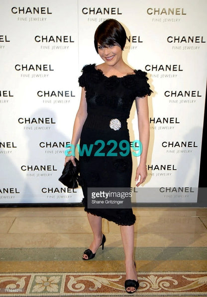 CHANEL 2008 MOST WANTED KNIT MIDI DRESS CC LOGO & CAMELLIA APPLIQUE 38 BLACK
