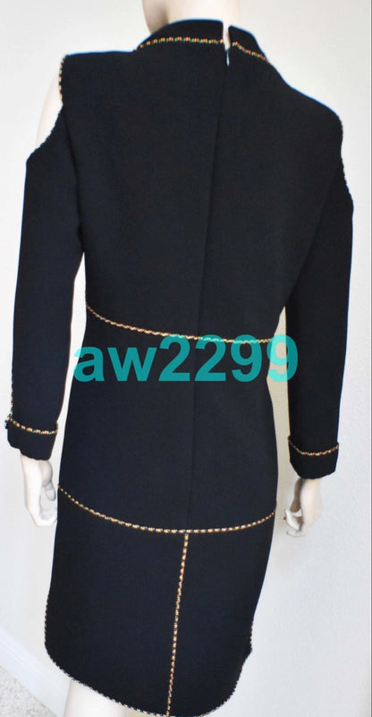 CHANEL $4800 2014 Runway Embellished Cold Shoulder Dress CC Logo Black FR 36 NWT