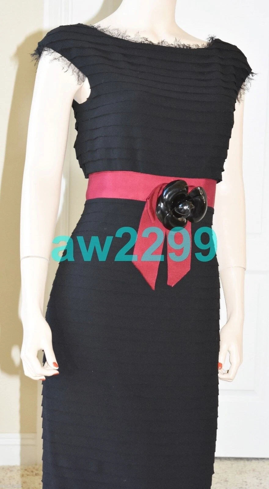 CHANEL 12A $8.4K Most Wanted Fringed Wool/Tulle Dress Red Belt Camellia 40 Mint
