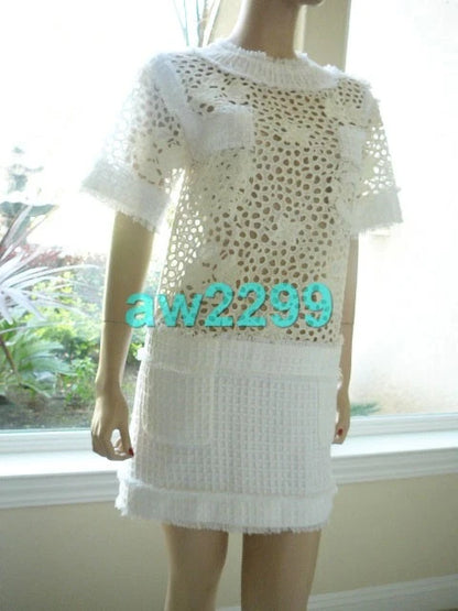 CHANEL 11C NEW MOST WANTED TWEED & EYELET CC LOGO RUNWAY MINI DRESS 38 CREME NEW