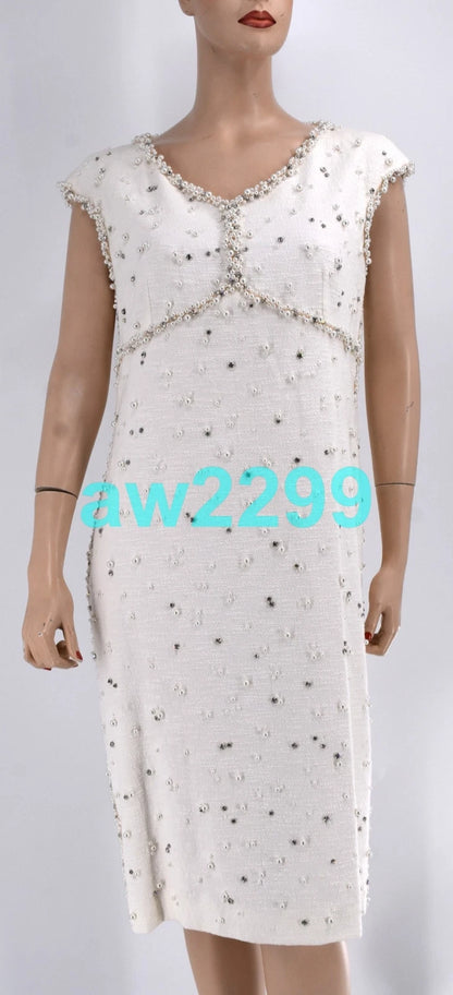 Chanel Rare Most Wanted Faux Pearls & Crystal Embellished Runway Dress Fr 42 New