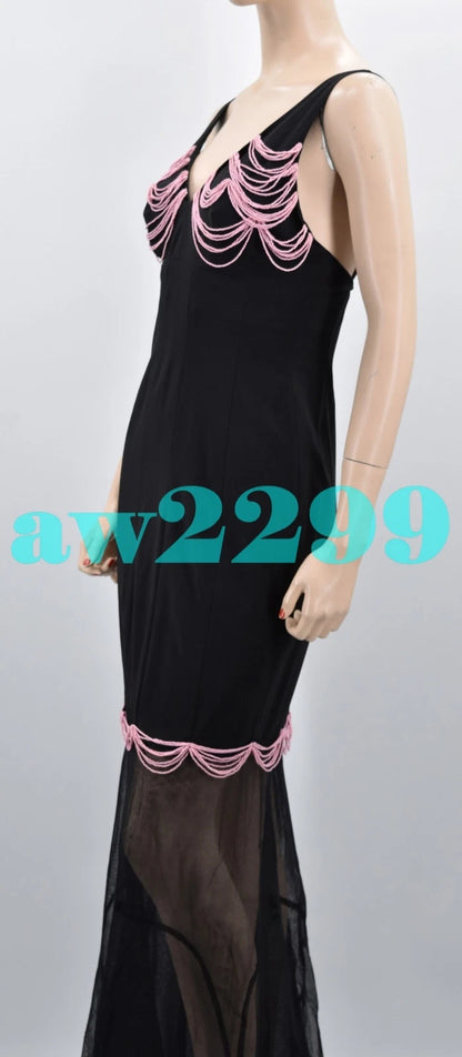 chanel 03P NWT $8,980 ICONIC MOST WANTED BEADED RUNWAY MAXI DRESS BLACK 36 38