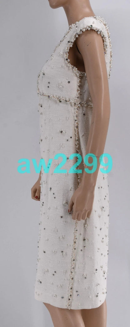 Chanel Rare Most Wanted Faux Pearls & Crystal Embellished Runway Dress Fr 42 New