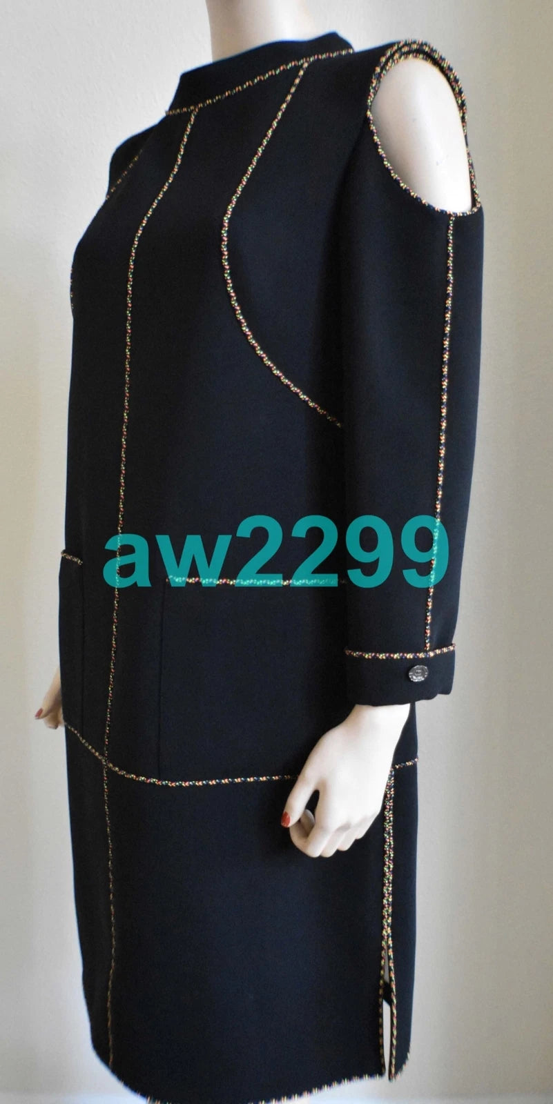 CHANEL $4800 2014 Runway Embellished Cold Shoulder Dress CC Logo Black FR 36 NWT