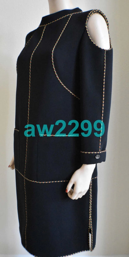 CHANEL $4800 2014 Runway Embellished Cold Shoulder Dress CC Logo Black FR 36 NWT