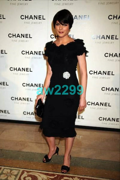 CHANEL 2008 MOST WANTED KNIT MIDI DRESS CC LOGO & CAMELLIA APPLIQUE 38 BLACK