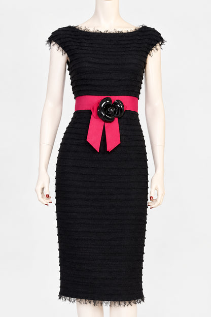 CHANEL 12A $8.4K Most Wanted Fringed Wool/Tulle Dress Red Belt Camellia 40 Mint
