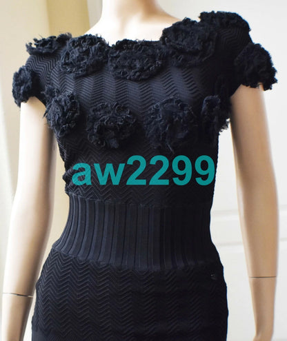 CHANEL 2008 MOST WANTED KNIT MIDI DRESS CC LOGO & CAMELLIA APPLIQUE 38 BLACK