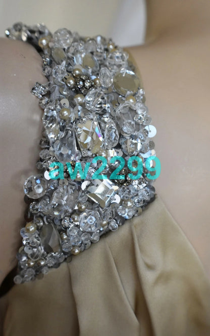 CHANEL $6780 NEW MOST WANTED 2009 CRYSTAL EMBELLISHED DRESS CREST LOGO 38 BEIGE