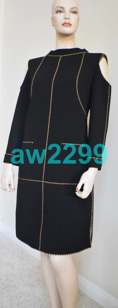 CHANEL $4800 2014 Runway Embellished Cold Shoulder Dress CC Logo Black FR 36 NWT