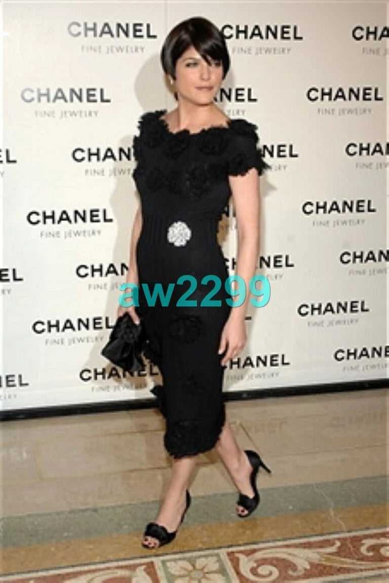 CHANEL 2008 MOST WANTED KNIT MIDI DRESS CC LOGO & CAMELLIA APPLIQUE 38 BLACK