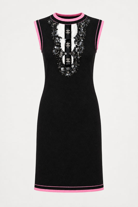 CHANEL 08P 2008 New Authentic 100% Cashmere Sequins Beaded Appliqué Dress 40