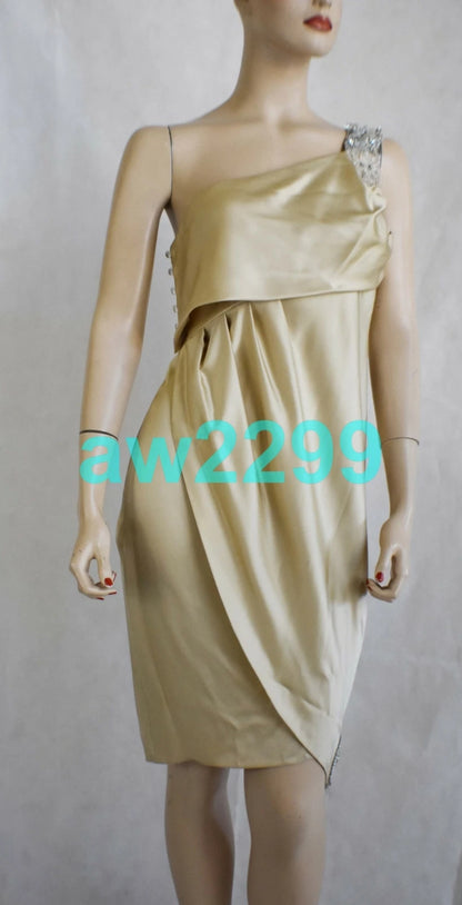 CHANEL $6780 NEW MOST WANTED 2009 CRYSTAL EMBELLISHED DRESS CREST LOGO 38 BEIGE