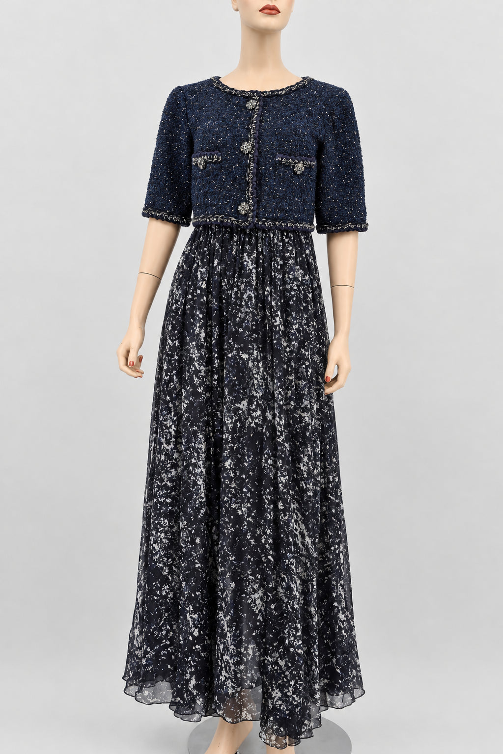 CHANEL 12P $13,620 Hard To Find Braided Trim Tweed Silk Maxi Dress 42 CC Logo