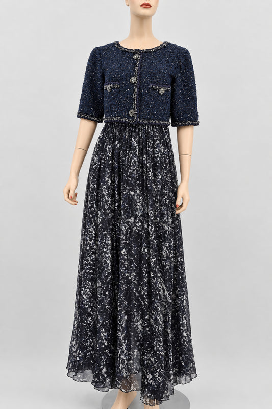 CHANEL 12P $13,620 Hard To Find Braided Trim Tweed Silk Maxi Dress 42 CC Logo
