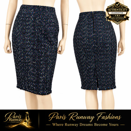 Chanel 13C 2013 New Logo Fringe Braided Trim Tweed Skirt 40 Black & White