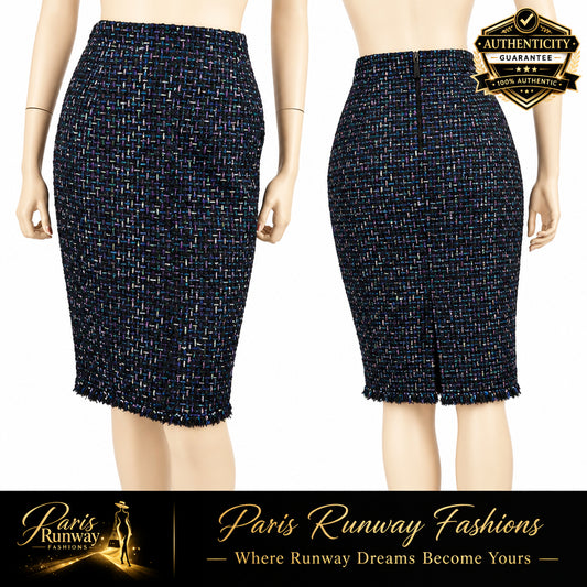 Chanel 13C 2013 New Logo Fringe Braided Trim Tweed Skirt 40 Black & White